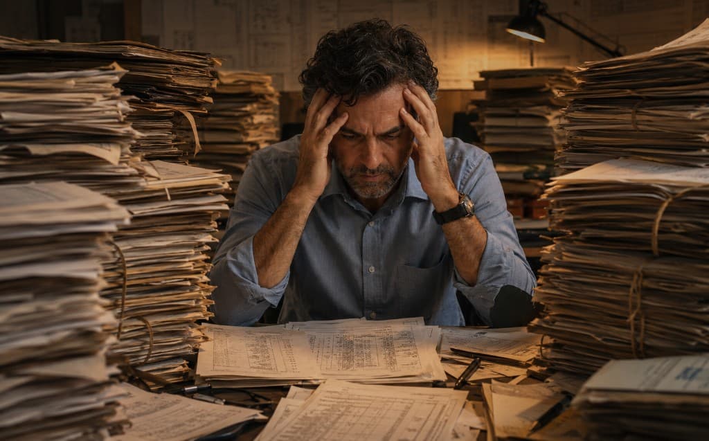 Frustrated engineer buried in paper borehole logs