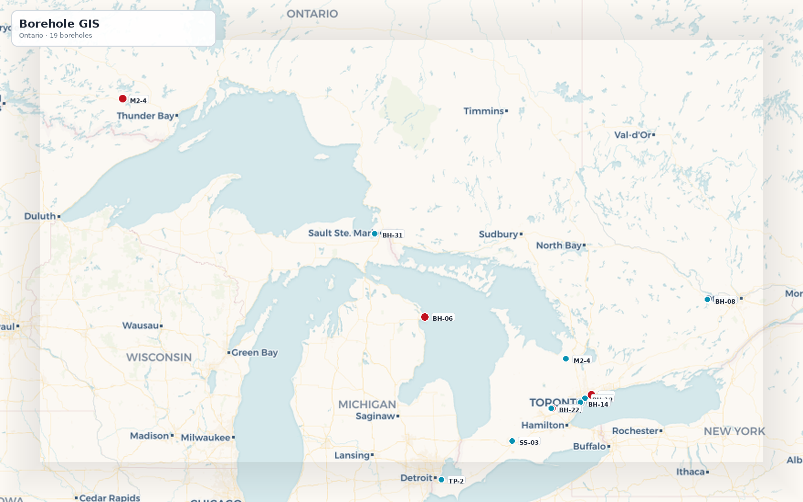 Ontario Borehole GIS map with geolocated borehole markers
